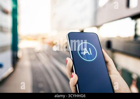 AI app for city street navigation, transportation or travel in phone. Urban business building. Road traffic data. Stock Photo