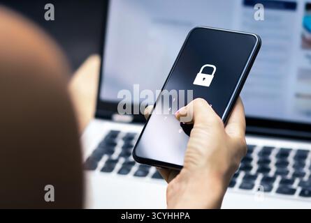 Data privacy. Protect with AI cybersecurity in phone. Password against cyber fraud, scam or identity theft. Online account mobile lock. Stock Photo