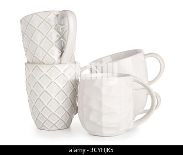 Set of clean cups isolated on white background, closeup Stock Photo