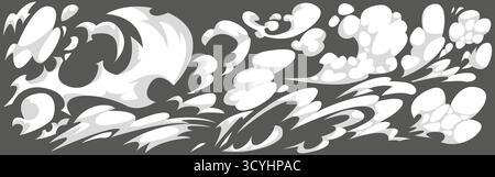White smoke puffs with cloud and comic effects for cartoon action scenes. Dynamic steam bursts, explosion puffs and motion trails for manga panels. Stylized vapor shapes for graphic backgrounds. Stock Vector