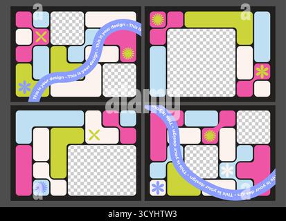 Retro bento grid templates with pink, green and blue blocks, flower icons for social media layouts. Rounded squares with transparent placeholder areas and decorative ribbons or text banners. Stock Vector