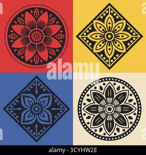 Set of colorful vector floral motifs in circular and diamond shapes, inspired by traditional Ukrainian and Polish folk art embroidery designs. Stock Vector