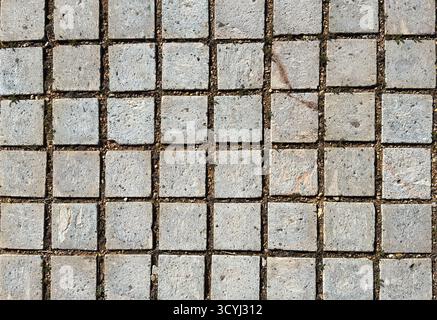 Close-up view of a square stone pavement with earthy joints and visible wear from outdoor exposure. Stock Photo