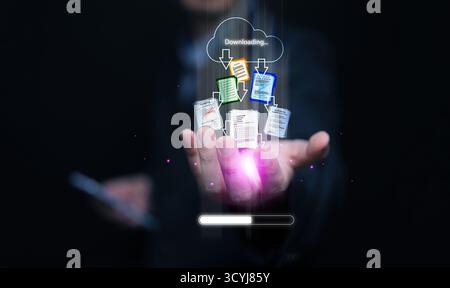 Futuristic concept of cloud file downloading with holographic interface. Perfect for illustrating digital storage, data transfer, online backup, and i Stock Photo