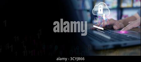 Futuristic digital concept showing cloud data downloading with binary code pouring down. Ideal for illustrating cybersecurity, cloud computing, and se Stock Photo