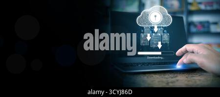 Futuristic concept showing digital file download from secure cloud network. Ideal for illustrating cybersecurity, data management, cloud service, and Stock Photo