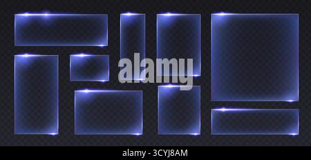 Glass frame collection with blue neon glow edges for futuristic interface or gaming ui elements. Transparent rectangles and squares with electric light borders. Modern tech digital display panels. Stock Vector