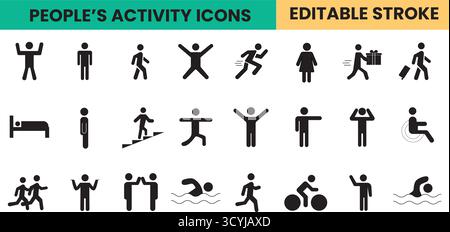 people's activity icon set, swimming, walking, running, customizable stroke, vector, illustration Stock Vector