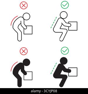 Lifting weight with correct and incorrect posture, posture of spine icon set, vector, customizable stroke Stock Vector