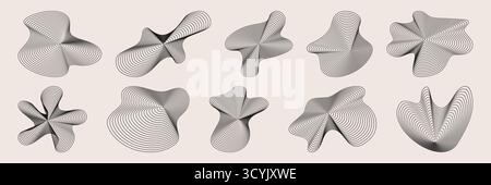 Black amorphous shapes with ripple line patterns for modern abstract geometric designs. Flowing forms with wavy stripes or parallel curves for contemporary art projects and digital backgrounds. Stock Vector