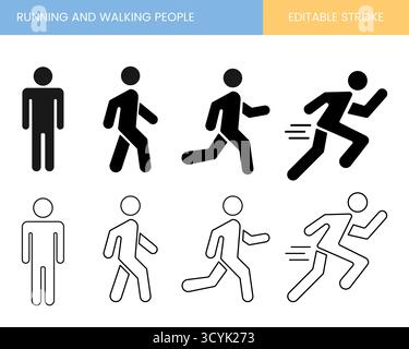 Running and walking people icons, people symbol, icons of people, running icon, walking people icon, stroke, customizable Stock Vector