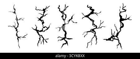 Crack wall, ground texture breaks on land surface set. Ground fissure line sketch set. Crash fracture, land damage, earthquake. Vector illustration Stock Vector
