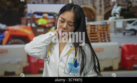 Woman doctor with stethoscope examining clipboard at construction site, displaying concern while wearing a uniform outdoors, embodying medical profess Stock Photo