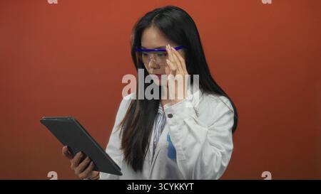 Woman scientist in uniform uses tablet against isolated red background analyzing data attentively. Stock Photo