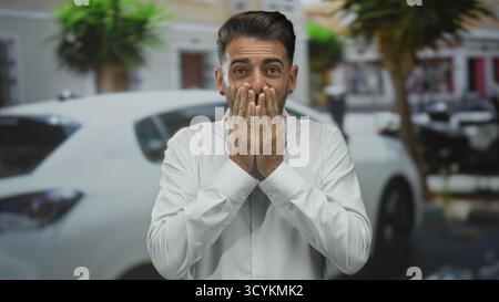 Young hispanic man wearing white shirt covers mouth with both hands on busy street looking shocked; surprise. Stock Photo