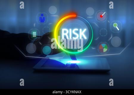 Businessman using tablet computer, closeup. Scheme with word Risk and different icons above device Stock Photo