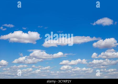 Fluffy white cumulus clouds float across a bright blue sky, creating a picturesque celestial landscape. Stock Photo