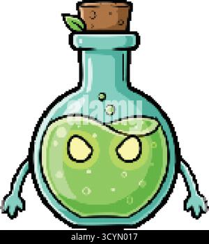 A whimsical glass flask with cork stopper contains a bubbling neon potion and tiny handles on the sides Stock Vector