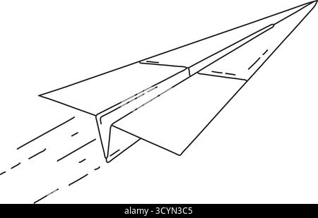 A simple folded paper glider zips across the frame leaving dashed speed lines behind in minimalist black and white Stock Vector