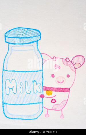 A sweet, handmade illustration of a kawaii pink cow character hugging a milk bottle. This child-like crayon drawing is on textured paper, perfect for Stock Photo