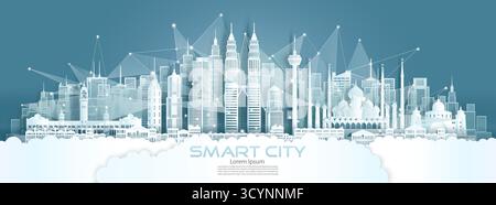 Technology wireless network communication smart city with architecture in Malaysia at Asia downtown skyline for design banner technology, Vector illus Stock Vector