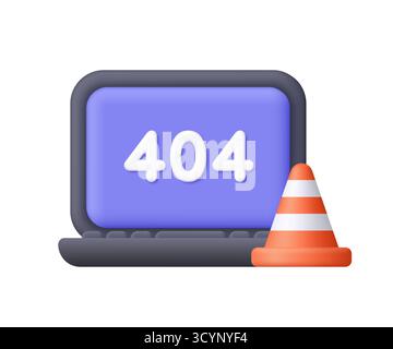 Laptop computer with 404 error symbol and traffic cone. Website error, page not found, technical issue and internet problem concept. 3d vector icon. C Stock Vector
