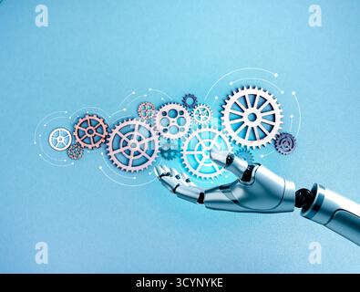 AI agent and robotics concept with robotic hand interacting with gear system. Represents automation, intelligent workflow, machine collaboration, tech Stock Photo