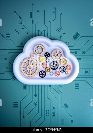 AI cloud computing and system workflow concept with cloud shape filled with gears on technology circuit background. Represents automation, infrastruct Stock Photo
