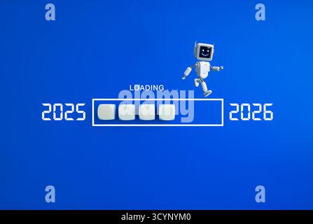 AI technology loading from 2025 to 2026 with cute robot and progress bar on digital blue background. Futuristic concept for artificial intelligence, i Stock Photo