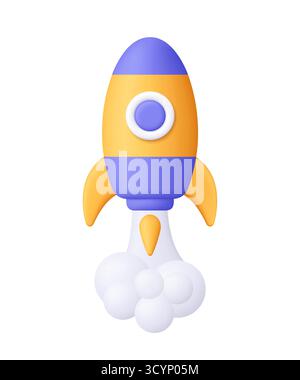 Purple and yellow rocket spaceship launching with smoke clouds. Startup, innovation, space, success, growth, business launch and technology. 3d vector Stock Vector