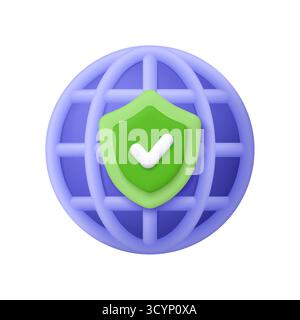 Purple globe with green shield with checkmark. Secure internet connection, global network, online security, privacy protection, cybersecurity, web saf Stock Vector