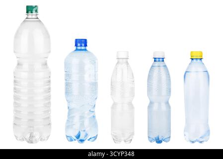 Set of plastic water bottles isolated on white background. Stock Photo