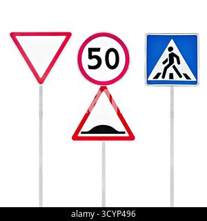Set of road signs "Give Way", "Restriction", "Pedestrian Crossing" isolated on white background. Stock Photo