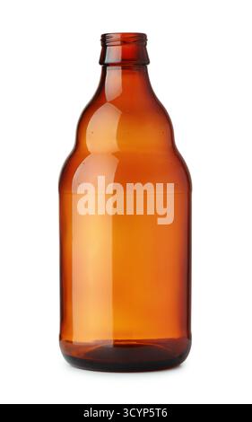 Front view of empty brown glass beer bottle isolated on white Stock Photo