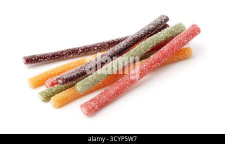 Group of colorful sweet sour sugar gummy sticks isolated on white Stock Photo