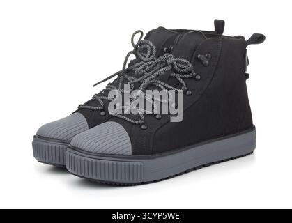 Pair of mens winter black sports boots isolated on white Stock Photo