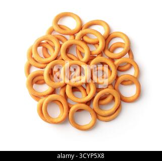 Top view of mini crispbread rings isolated on white Stock Photo