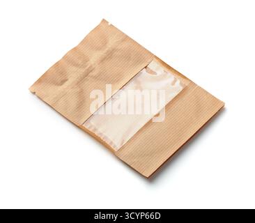 New empty brown paper bag with clear window isolated on white Stock Photo