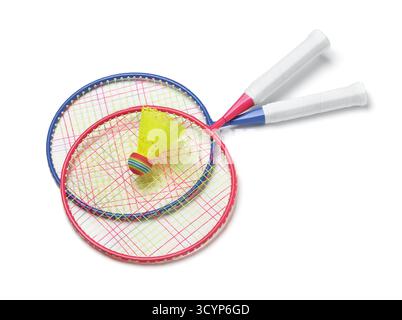Two badminton rackets and shuttlecock isolated on white Stock Photo