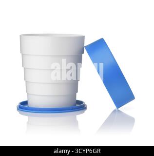 Front view of collapsible reusable plastic cup and blue cap isolated on white Stock Photo