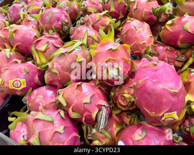 Los Angeles, California, United States - 02-01-2023: A view of a bin full of dragon fruit, on display at a local grocery store. Stock Photo