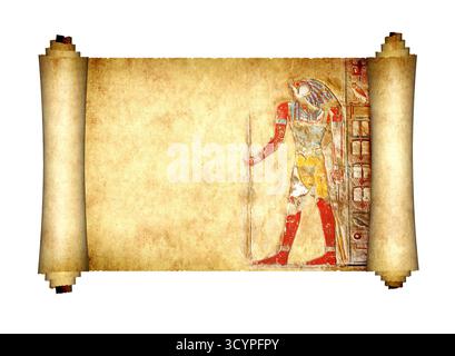 3d papyrus with egyptian god, creating a sense of grandeur and regality. Old parchment with god Horus. Isolated on white. Ancient Egyptian-inspired sc Stock Photo