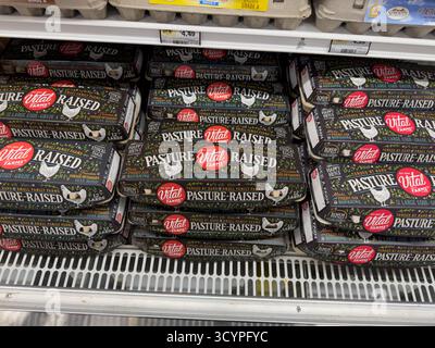 Los Angeles, California, United States - 02-01-2023: A view of several cartons of pasture raised Vital Farms eggs, on display at a local grocery store. Stock Photo
