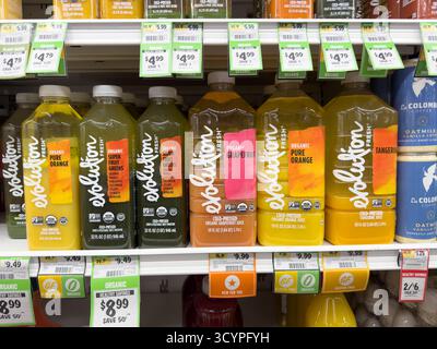 Los Angeles, California, United States - 02-01-2023: A view of several bottles of Evolution Fresh juice, on display at a local grocery store. Stock Photo