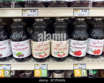 Los Angeles, California, United States - 02-01-2023: A view of several bottles of Lakewood fruit juice, on display at a local grocery store. Stock Photo