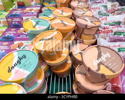 Los Angeles, California, United States - 02-01-2023: A view of several cartons of Doughy vegan cookie dough, on display at a local grocery store. Stock Photo