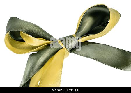 Green and yellow satin ribbons tied bow isolated over white closeup Stock Photo