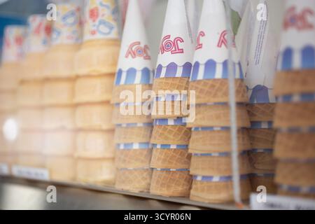 Los Angeles, California, United States - 05-20-2022: A view of several Joy brand waffle ice cream cones, on display at a local ice cream parlor. Stock Photo