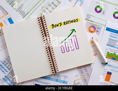 Positive trend in bond ratings is visualized with an upward arrow and bar chart on a notebook, placed on financial documents Stock Photo