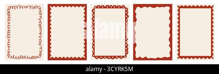 Retro whimsical Christmas card frames with looped, scalloped, and zigzag hand-drawn borders for dinner cards, invitations, tags, and holiday Stock Vector